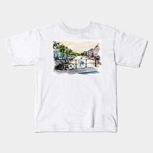 AMSTERDAM, Netherlands Watercolor Cityscape Fine Art Kids T-Shirt